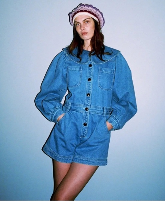 Sea Pants - Sea Denim Romper Button-Front with Peter Pan Collar